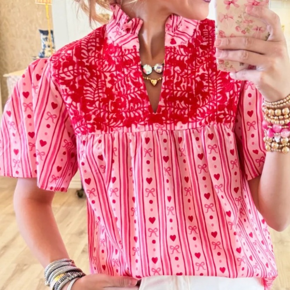 Pink and Red Hearts & Bows Patterned Women's Top
